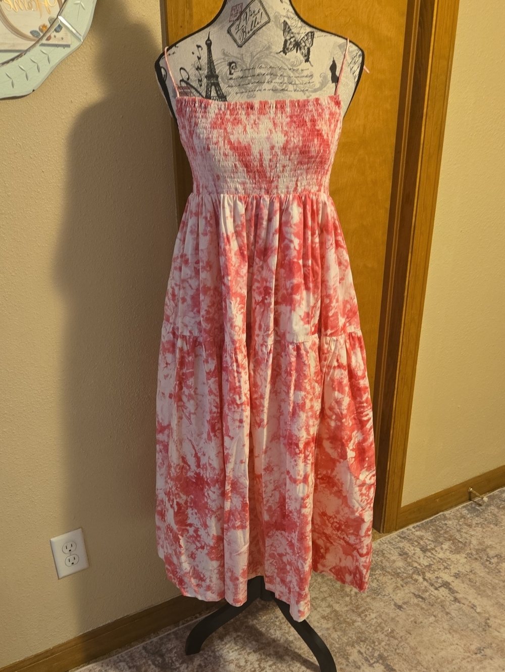 S/W/F Anthropologie Smocked Ajustable Tye Strap Maxi Dress in Pink Tie-Dye